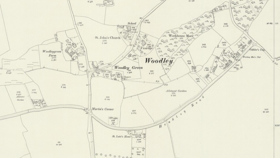 Map of Woodley 1910 shows St Lukeâs and the Working Menâs Club on Headley Road