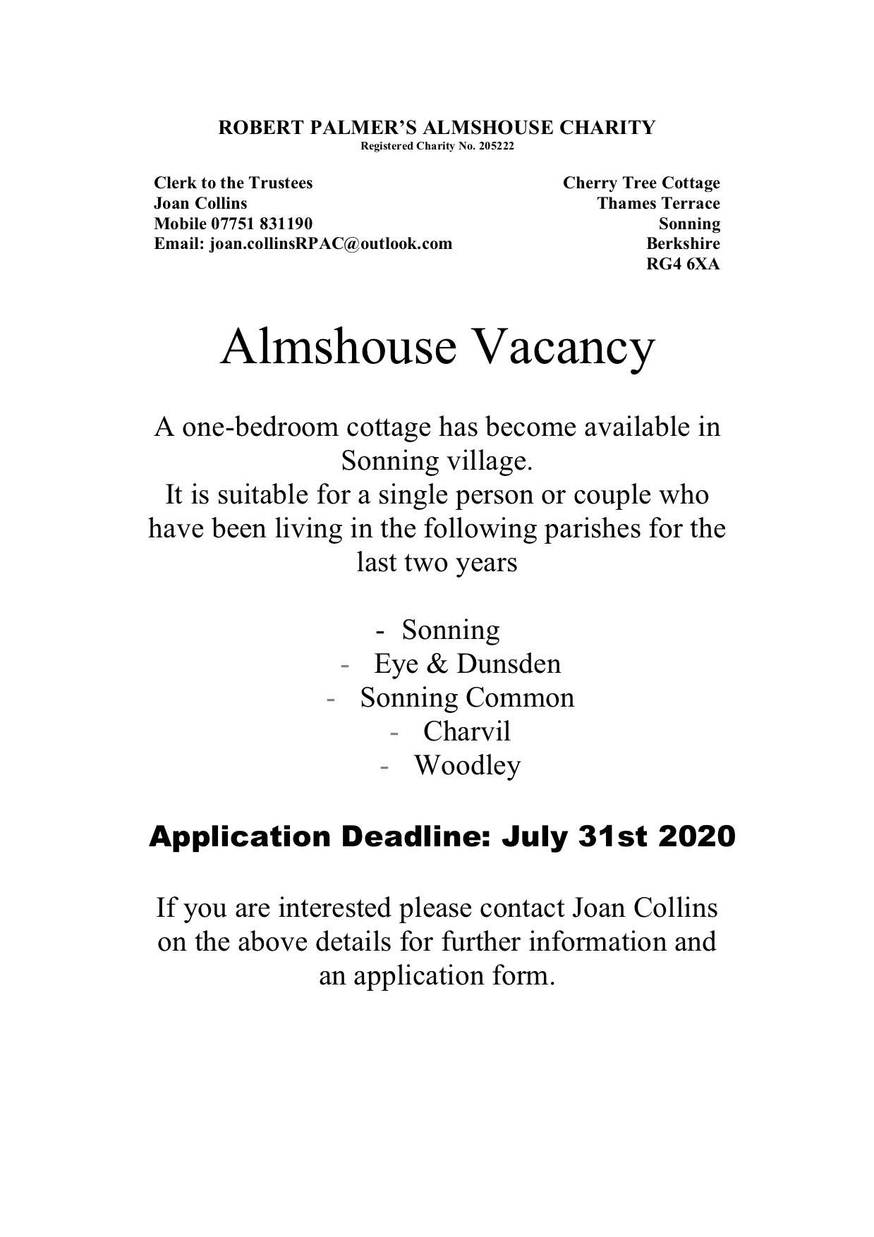 almshouse vacancy Sonning