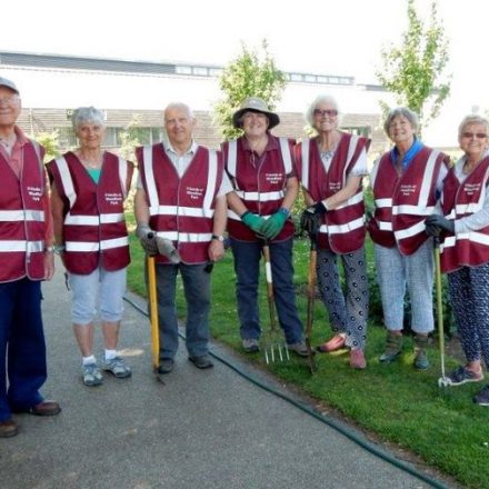 Members of the Friends of Woodford Park posing by their flower beds
