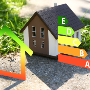 Home with energy efficiency rating columns next to it