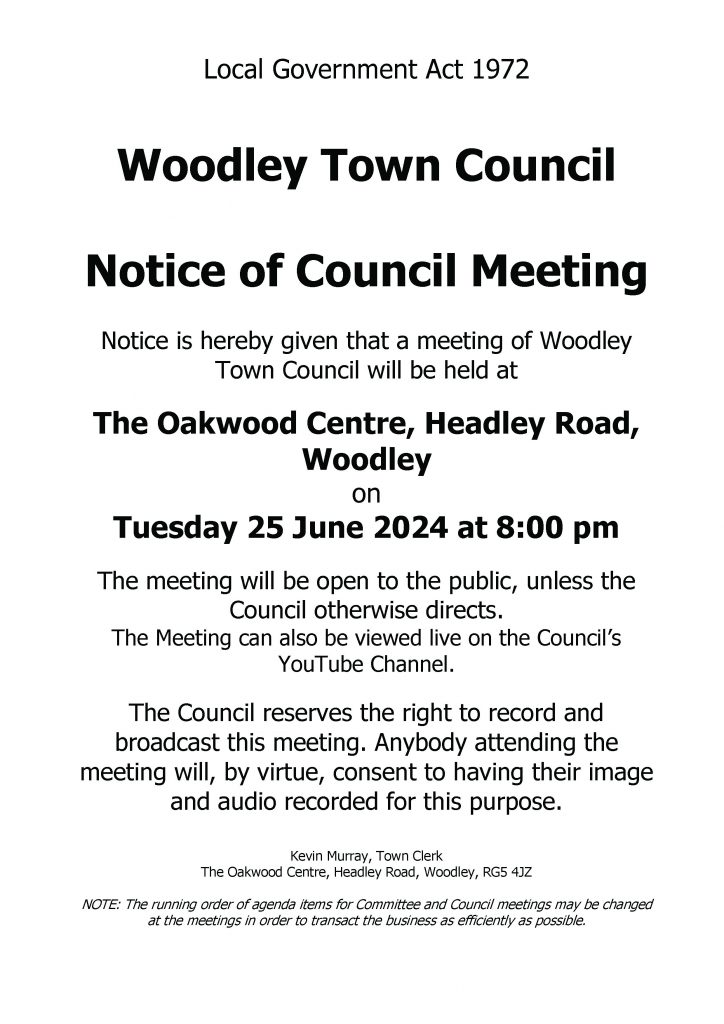 Notice of Full Council Meeting taking place at the Oakwood Centre in Woodley on 25 June 2024