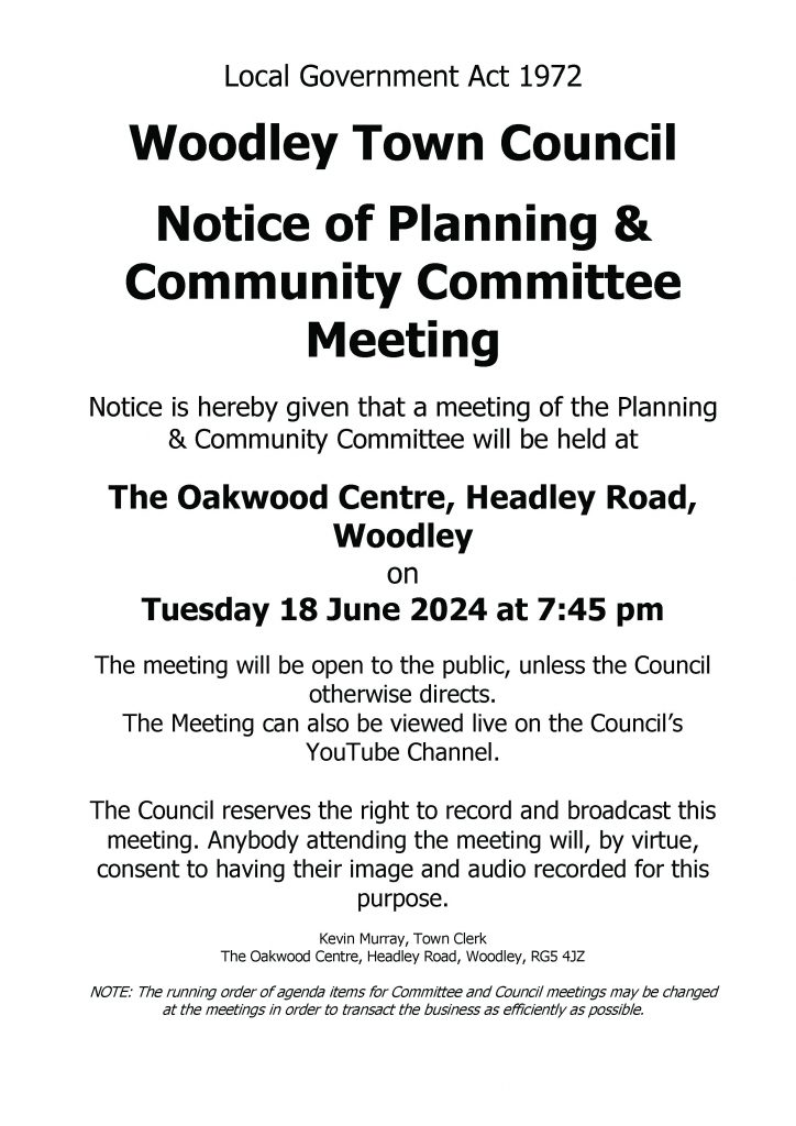 Notice of Planning & Community Committee Meeting taking place on Tuesday 18th June 2024