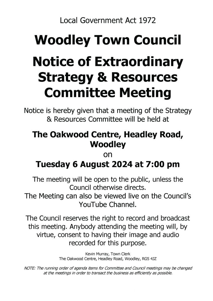 Notice of Extraordinary Meeting of the Strategy & Resources Committee on Tuesday 6 August 2024
