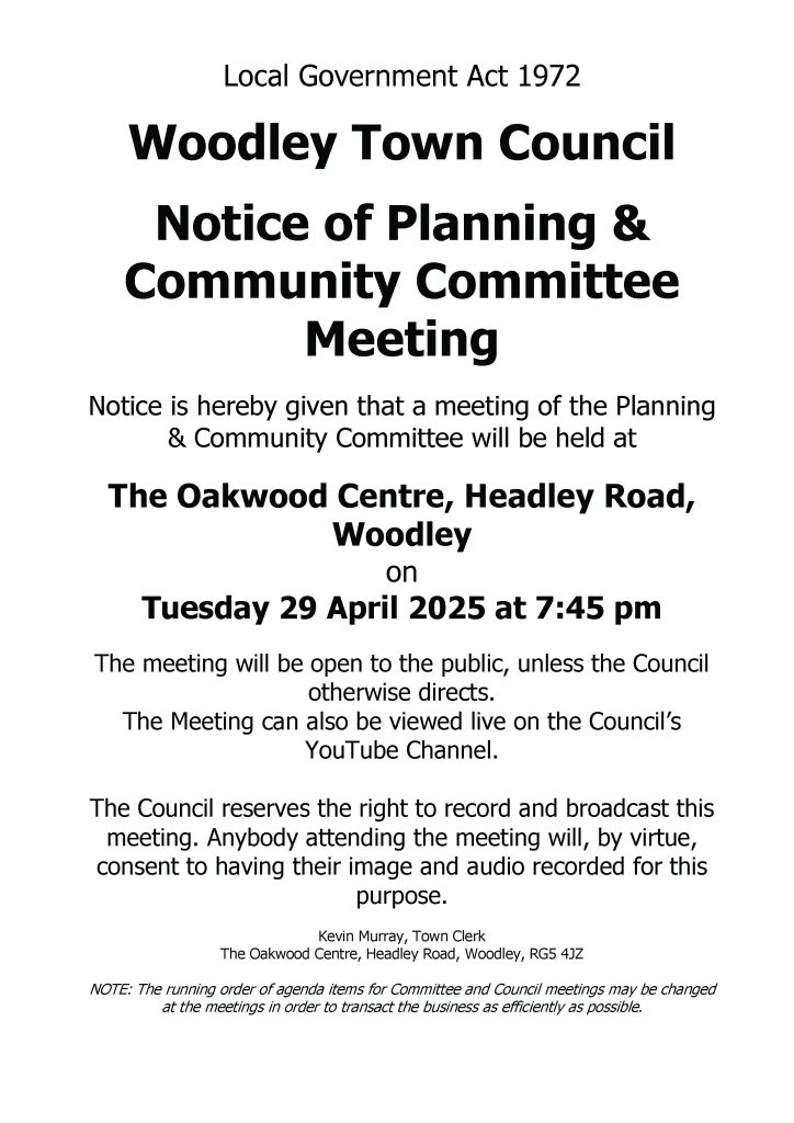 Notice of a meeting of the town council's Planning & Community Committee due to take place at The Oakwood Centre on Tuesday 29 April 2025