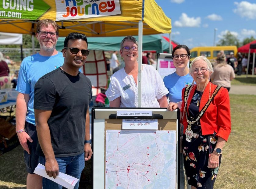 Woodley Town Councillors and Wokingham Borough Mayor at the My Journey stall at Woodley Carnival